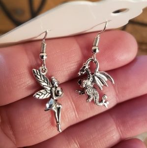 Mismatched FAIRY & DRAGON earrings Faerie~Fae~Fantasy Magic Fairycore Gift idea